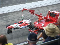 Ralf Schumacher's wrecked Toyota TF105 being towed away